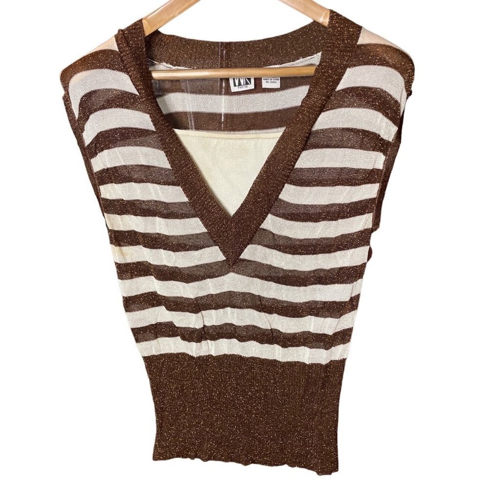 Vintage 90s WR Copper Sparkle Stretch Knit Pullover Cap Sleeve Top Sz LP